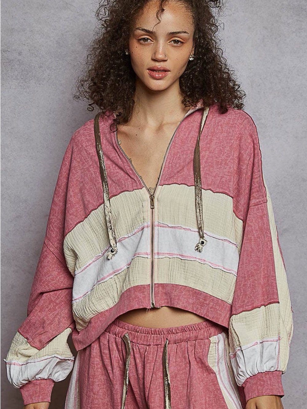 POL Pink and Cream Striped Zip Hoodie